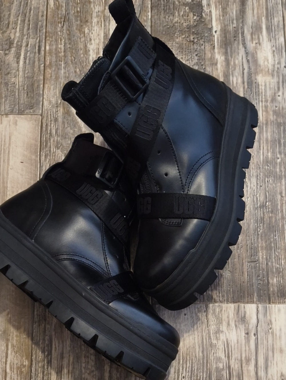 UGG Black Leather Lug Strap Booties